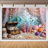 Lofaris Magical Mermaid Scale Photography Backdrop with Treasure Chest, Vibrant Coral and Ocean Floor Background for Photoshoot Decor