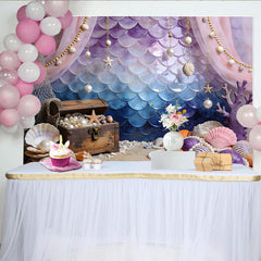 Lofaris Purple Blue Mermaid Scale Photography Backdrop with Treasure Chest and Seashells, Ocean Theme Photo Background for Studio Shoot