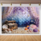 Lofaris Purple Blue Mermaid Scale Photography Backdrop with Treasure Chest and Seashells, Ocean Theme Photo Background for Studio Shoot