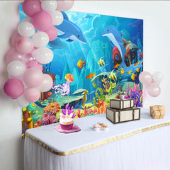 Lofaris Vibrant Cartoon Ocean Photography Backdrop with Dolphins and Colorful Fish, Underwater Scene Background for Kids Party Photoshoot
