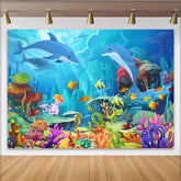 Lofaris Vibrant Cartoon Ocean Photography Backdrop with Dolphins and Colorful Fish, Underwater Scene Background for Kids Party Photoshoot