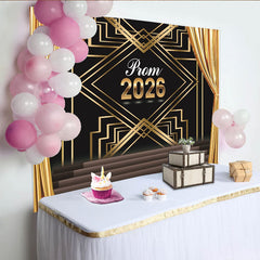 Lofaris Golden Curtains Prom Backdrop with Black and Gold Art Deco Pattern, Elegant Stage Photography Background for Dance Party