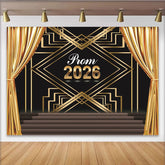 Lofaris Golden Curtains Prom Backdrop with Black and Gold Art Deco Pattern, Elegant Stage Photography Background for Dance Party