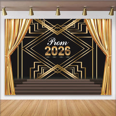 Lofaris Golden Curtains Prom Backdrop with Black and Gold Art Deco Pattern, Elegant Stage Photography Background for Dance Party