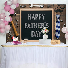 Lofaris Rustic Wood Fathers Day Backdrop with Tools and Mustache Props, Chalkboard Background for Celebration Party Decor