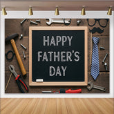Lofaris Rustic Wood Fathers Day Backdrop with Tools and Mustache Props, Chalkboard Background for Celebration Party Decor