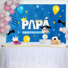 Lofaris Blue Fathers Day Backdrop with PAPÁ Text, Crown, Mustache, Ties, Festive Party Background for Celebration