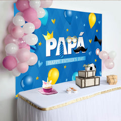 Lofaris Blue Fathers Day Backdrop with PAPÁ Text, Crown, Mustache, Ties, Festive Party Background for Celebration
