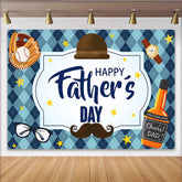 Lofaris Blue Argyle Happy Father's Day Backdrop with Baseball Glove and Hat, Mustache and Glasses Photo Background for Party Decor
