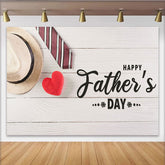 Lofaris Happy Fathers Day Photography Backdrop with Hat, Tie and Red Heart, White Wood Background for Celebration Party Decor