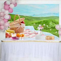 Lofaris Charming Picnic Photography Backdrop with Wicker Basket and Fruits, Lush Green Hills Studio Outdoor Photoshoot