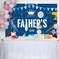 Lofaris Blue Argyle Fathers Day Backdrop with Tie, Tools, and Gift Box, Elegant Celebration Background for Party Decor and Photoshoot