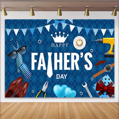 Lofaris Blue Argyle Fathers Day Backdrop with Tie, Tools, and Gift Box, Elegant Celebration Background for Party Decor and Photoshoot