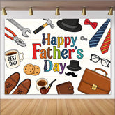 Lofaris Colorful Happy Fathers Day Backdrop with Tools, Ties, and Best Dad Coffee Mug, Wood Texture Background for Party Decor
