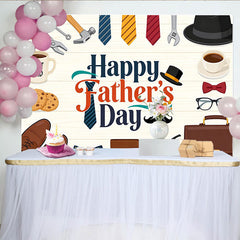 Lofaris Happy Father's Day Backdrop with Tools, Ties, and Coffee on Rustic Wood, Cartoon Style Party Decoration for Men