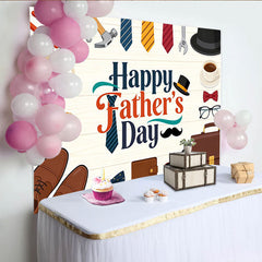 Lofaris Happy Father's Day Backdrop with Tools, Ties, and Coffee on Rustic Wood, Cartoon Style Party Decoration for Men