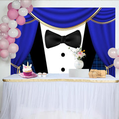 Lofaris Elegant Royal Blue Tuxedo Photography Backdrop with Gold Trim and Black Bow Tie, Sophisticated Party Background for Event Decor