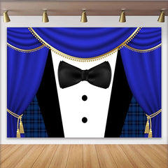 Lofaris Elegant Royal Blue Tuxedo Photography Backdrop with Gold Trim and Black Bow Tie, Sophisticated Party Background for Event Decor
