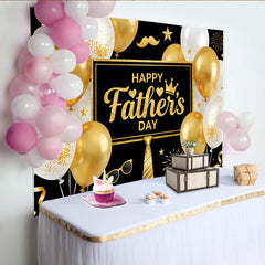 Lofaris Black and Gold Happy Father's Day Backdrop with Glitter Balloons and Tie, Elegant Party Decoration for Dad's Celebration