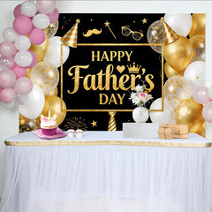 Lofaris Black and Gold Glitter Fathers Day Backdrop with Balloons and Party Hat, Elegant Photo Booth Props for Celebration