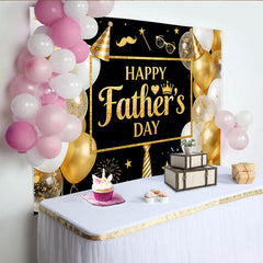 Lofaris Black and Gold Glitter Fathers Day Backdrop with Balloons and Party Hat, Elegant Photo Booth Props for Celebration