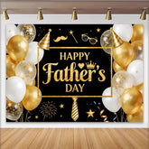 Lofaris Black and Gold Glitter Fathers Day Backdrop with Balloons and Party Hat, Elegant Photo Booth Props for Celebration