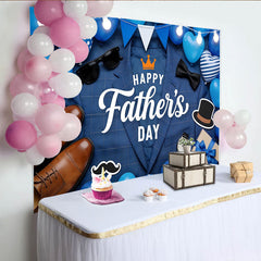 Celebrate Happy Fathers Day Blue Plaid Backdrop with Suit and Balloons, Elegant Photo Background for Celebration and Party Decor
