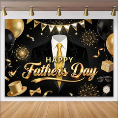 Lofaris Elegant Black and Gold Fathers Day Backdrop with Suit and Tie, Festive Photo Background for Celebration Party Decor