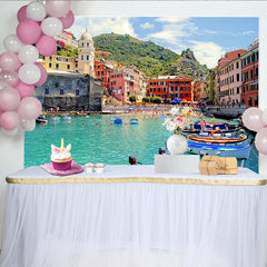 Lofaris Vibrant Mediterranean Coastal Town Photography Backdrop, Colorful Buildings and Turquoise Water Scenic Background