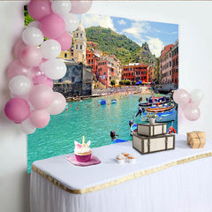 Lofaris Vibrant Mediterranean Coastal Town Photography Backdrop, Colorful Buildings and Turquoise Water Scenic Background