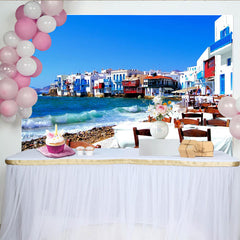 Lofaris Vibrant Mediterranean Coastal Village Photography Backdrop, Scenic Blue Sea Background for Travel Theme Party