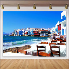 Lofaris Vibrant Mediterranean Coastal Village Photography Backdrop, Scenic Blue Sea Background for Travel Theme Party