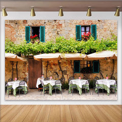 Lofaris Rustic Stone Wall Cafe Architecture Photography Backdrop with Green Vines, European Outdoor Scene Background for Studio Photoshoot