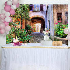 Lofaris Rustic Alleyway Photography Backdrop with Flowering Vines and Stone Arch, Charming European Street Background for Studio Photoshoot