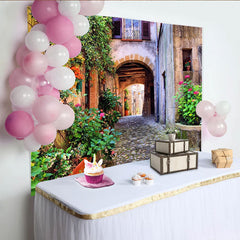 Lofaris Rustic Alleyway Photography Backdrop with Flowering Vines and Stone Arch, Charming European Street Background for Studio Photoshoot
