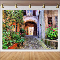 Lofaris Rustic Alleyway Photography Backdrop with Flowering Vines and Stone Arch, Charming European Street Background for Studio Photoshoot