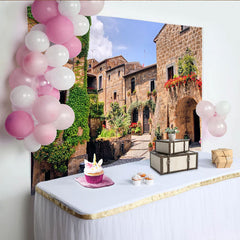 Lofaris Rustic European Village Street Photography Backdrop with Stone Buildings and Ivy, Old Town Archway Background for Studio Photoshoot