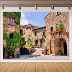 Lofaris Rustic European Village Street Photography Backdrop with Stone Buildings and Ivy, Old Town Archway Background for Studio Photoshoot