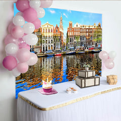 Lofaris Vibrant European Cityscape Photography Backdrop with Canal and Historic Buildings, Scenic Studio Background for Travel Photoshoot