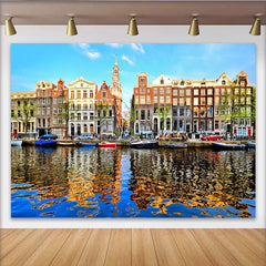 Lofaris Vibrant European Cityscape Photography Backdrop with Canal and Historic Buildings, Scenic Studio Background for Travel Photoshoot