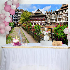 Lofaris Picturesque European Town Photography Backdrop with Canal and Colorful Flowers, Scenic Village Background for Studio Photoshoot