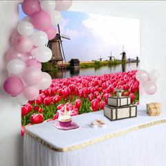 Lofaris Vibrant Pink Tulip Field and Dutch Windmill Photography Backdrop, Scenic Spring Landscape Background for Studio Photoshoot