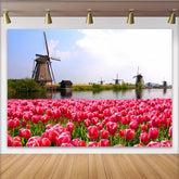 Lofaris Vibrant Pink Tulip Field and Dutch Windmill Photography Backdrop, Scenic Spring Landscape Background for Studio Photoshoot