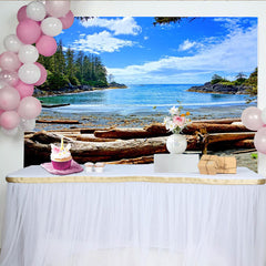 Lofaris Blue Ocean Beach Natural Scenery Photography Backdrop with Driftwood and Green Forest, Summer Vacation Studio Background for Photoshoot
