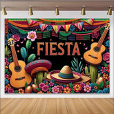 Lofaris Colorful Mexican Fiesta Backdrop with Guitars and Sombreros, Vibrant Party Background for Celebration Decor