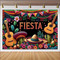 Lofaris Colorful Mexican Fiesta Backdrop with Guitars and Sombreros, Vibrant Party Background for Celebration Decor