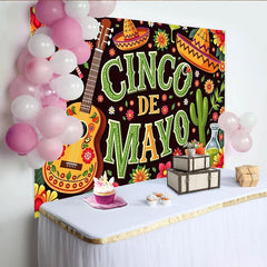 Lofaris Colorful Cinco de Mayo Photography Backdrop with Sombreros and Guitar, Vibrant Mexican Fiesta Background for Party Decoration
