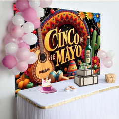 Lofaris Colorful Cinco de Mayo Backdrop with Guitar and Maracas, Festive Mexican Party Decoration for Fiesta