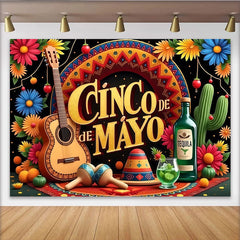 Lofaris Colorful Cinco de Mayo Backdrop with Guitar and Maracas, Festive Mexican Party Decoration for Fiesta