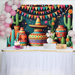 Lofaris Vibrant Mexican Fiesta Backdrop with Cacti and Sombrero, Colorful Pottery and Bunting Party Decor for Celebration Photography